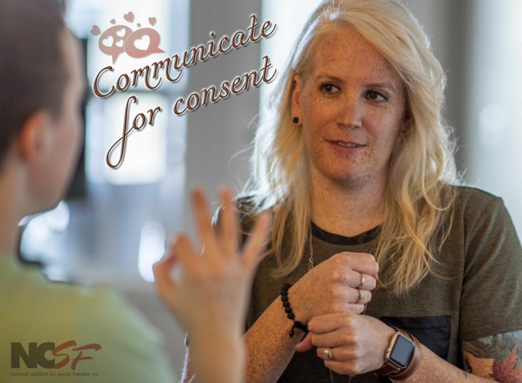 NCSF's consent sign that says: Communicate for Consent, featuring the image of a woman and her girlfriend communicating with sign language.
