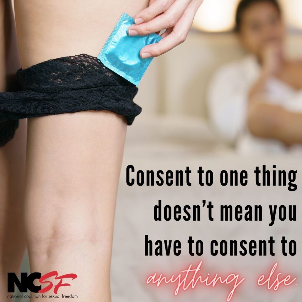 Bedroom scene with condom with Caption "Consent for one thing, doesn't mean you have consent to anything else"