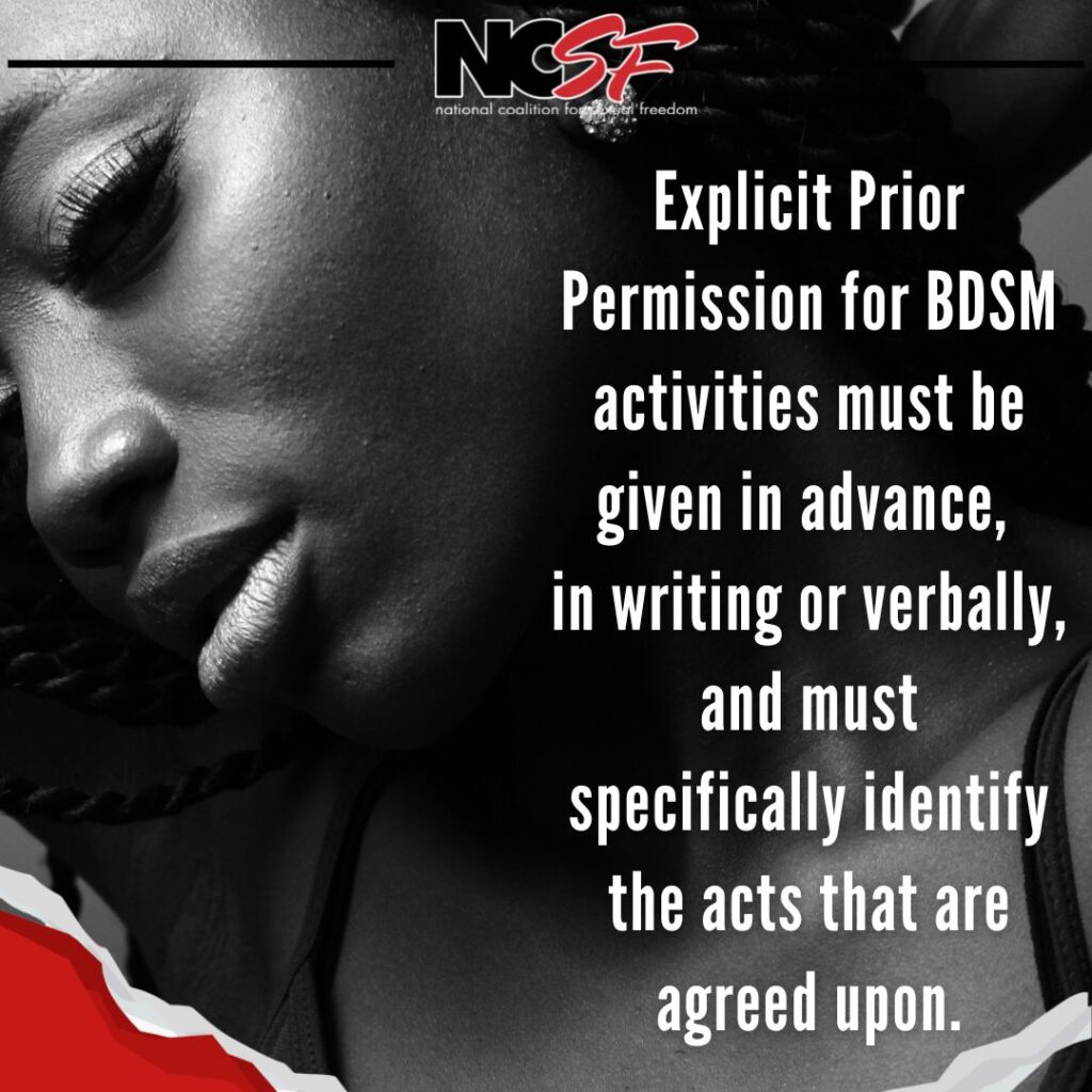 Sexy Picture of person Caption: Explicit Prior Permission for BDSM activities must be given in advance, in writing or verbally, and must specifically identify the acts that are agreed upon.