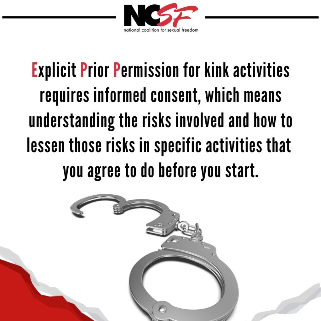 Handcuffs with caption: Explicit Prior Permission for kink activities requires informed consent, which means understanding the risks involved and how to lessen those risks in specific activities that you agree to do before you start.
