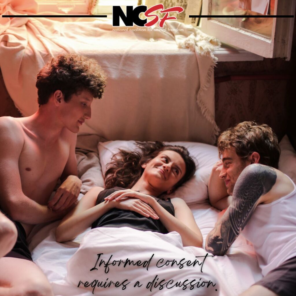 Three person bedroom scene with caption: Informed consent requires discussion.