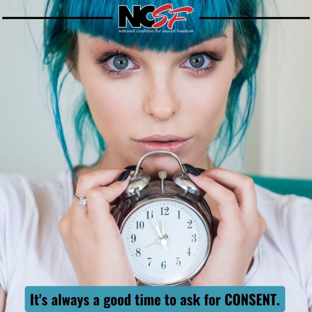 Person with alarm clock with caption: It's always a good time for consent