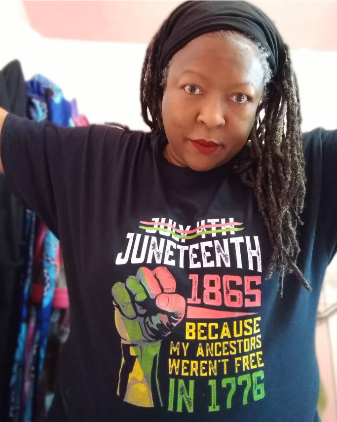 Gloria Jackson-Nefertiti wearing a Juneteenth t-shirt